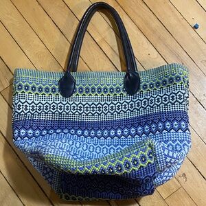 Annie Selke's Fresh American blue woven boho leather handle tote bag
